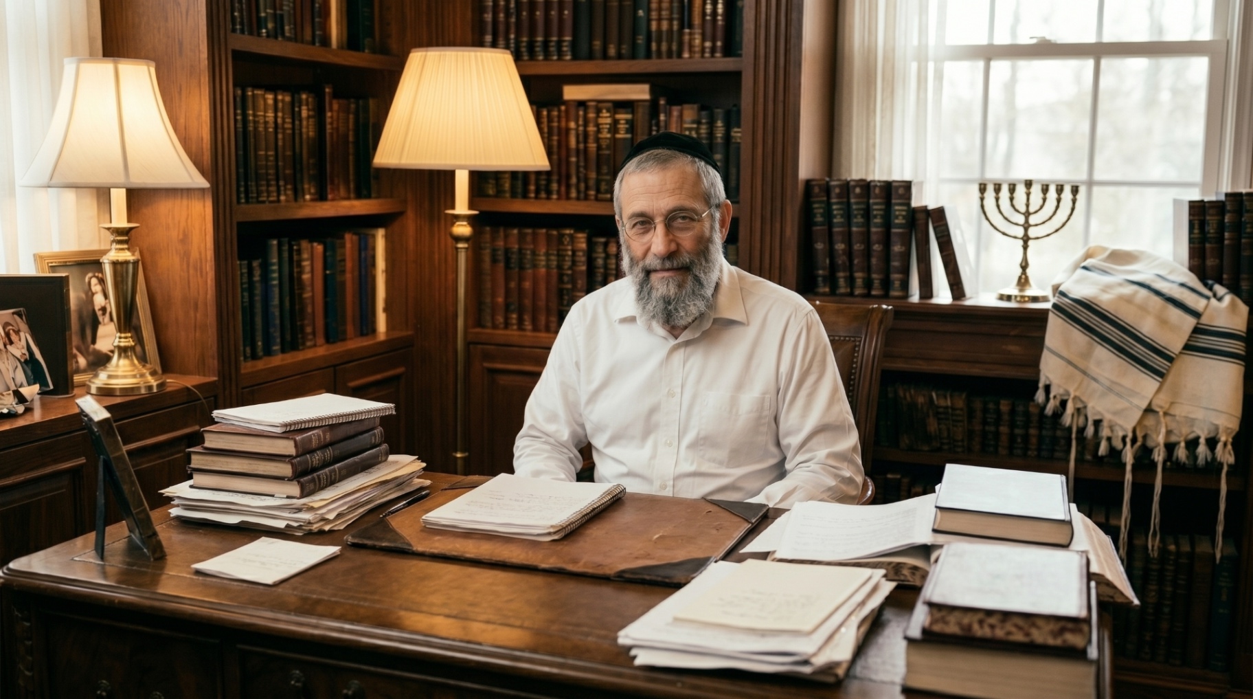 Isaac Benaor en su estudio, rodeado de libros y notas.