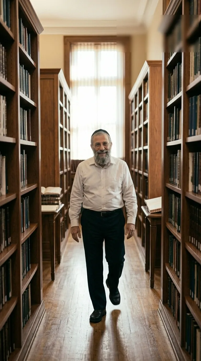 Isaac Benaor caminando por el pasillo de una biblioteca.