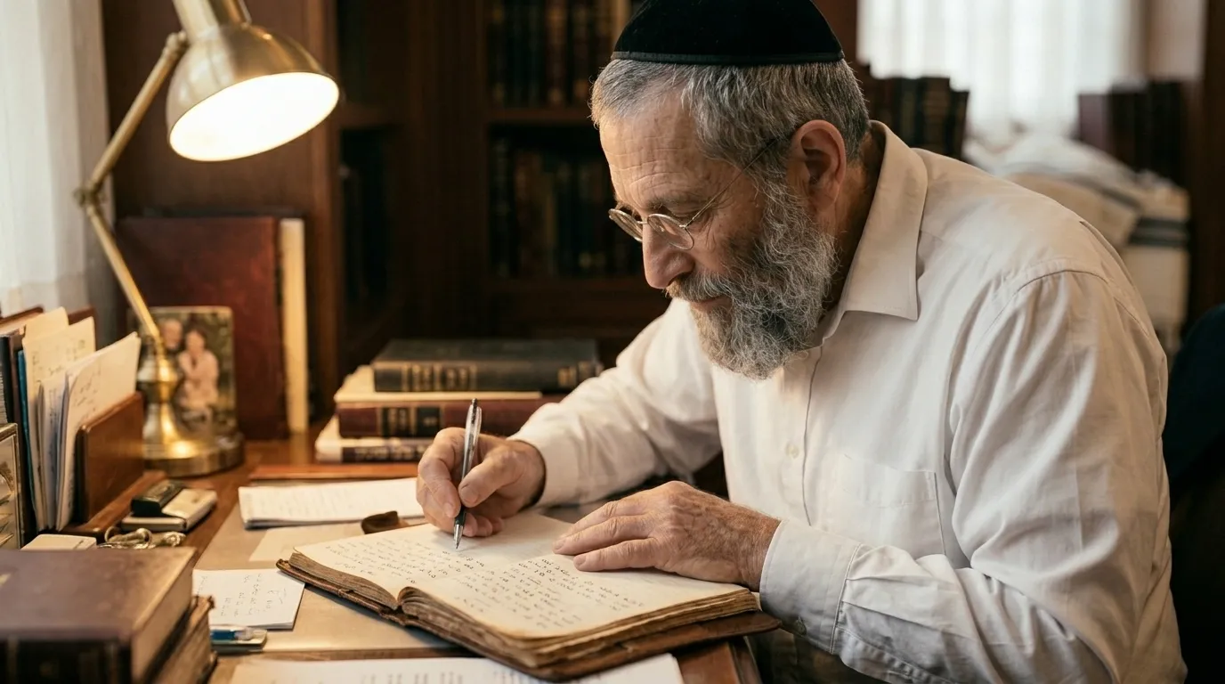 Isaac Benaor escribiendo en su escritorio a la luz de una lámpara.