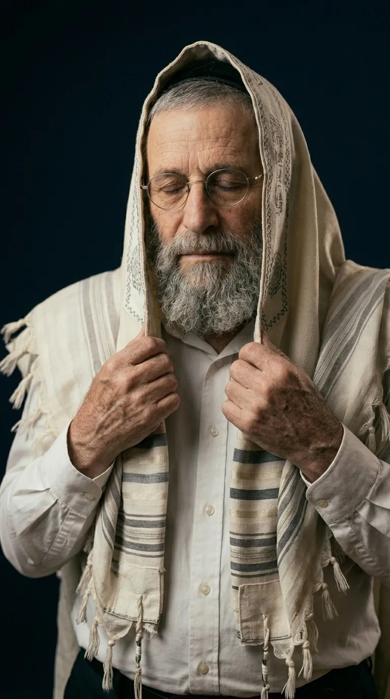 Isaac Benaor, cubierto con el talit, con los ojos cerrados.